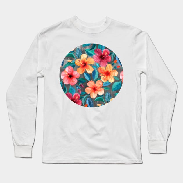 Colorful Watercolor Hibiscus on Dark Charcoal Long Sleeve T-Shirt by micklyn